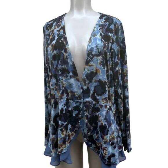 LOGO by Lori Goldstein Peplum Cardigan Womens 1X Blue Brown Floral Chiffon Trim - Picture 2 of 15
